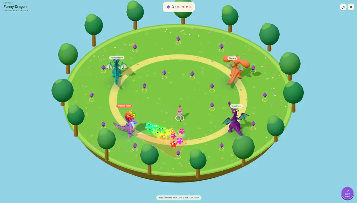 Sophia’s Funny Dragon game with four colorful dragons in Gem Meadow