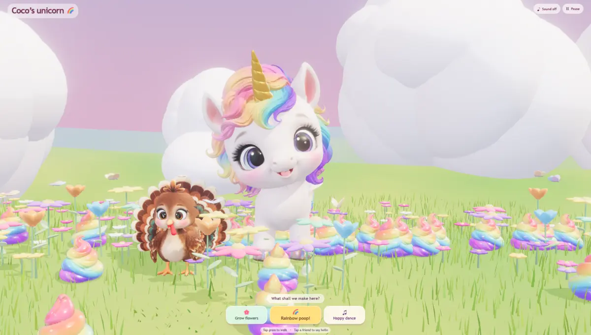 Coco’s rainbow unicorn and turkey in a magical flower meadow
